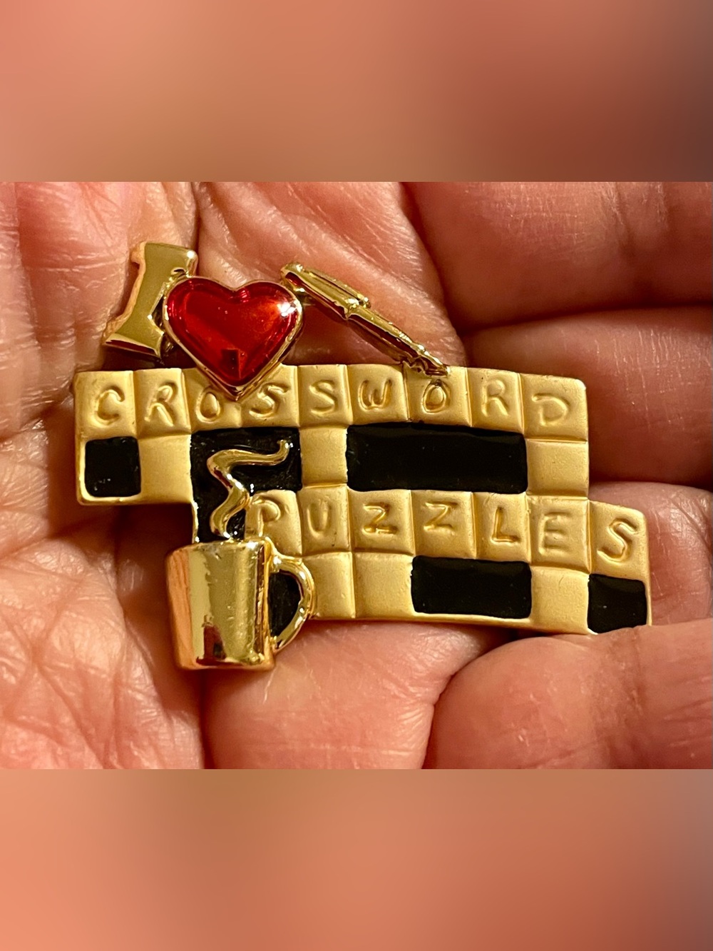 Gold-Tone 'I Love Crossword Puzzles' Enamel Brooch with Red Heart Accent